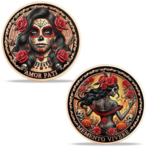 Memento Mori Herausforderungsmünze Rose Frauen Totenkopf Münze Amor Fati Stoizismus Memento Vivere Totenkopf Medaillon Souvenir Token Mexikanischer Tag der Toten inspirierende Münzen Souvenir