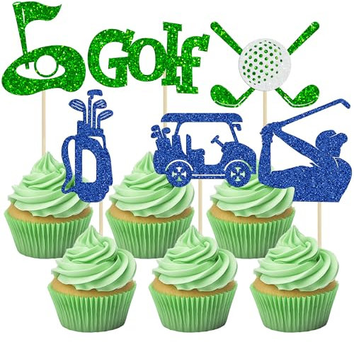 Gyufise 24Pcs Golf Cupcake Toppers Glitter Sport Golf Ball Cupcake Picks Baby Shower Golf Theme Birthday Party Cake Decorations Supplies