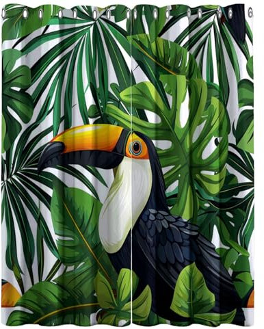 CozyRest Vorhang Blickdicht ösen 2er Set Tropischer Vogel Pflanze Monstera grün Muster Gardine Lichtundurchlässig Fenstervorhang Wohnzimmer Schlafzimmer Vorhänge Größe: H 214 x B 91.5 cm