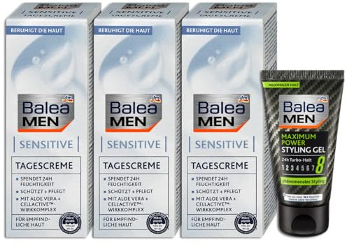 4er Set: Balea Gesichtscreme Sensitive, 3x75 ml Mit Aloe Vera + CELLACTIVE -Wirkkomplex - 1 x Haargel Maximum Power Styling, Reisegröße, 30 ml