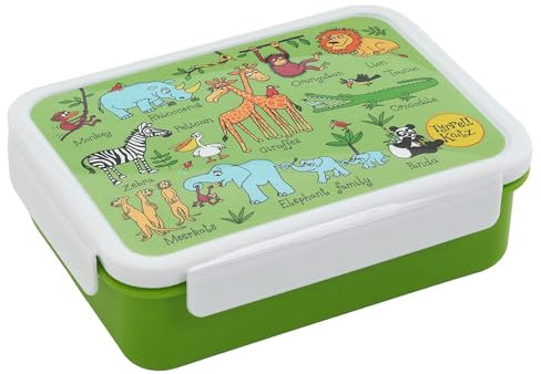 Tyrrell Katz Kids Jungle Printed Large Bento Lunch Box in Green - Children's Food Container with Clip Lock Lid and Removable Inner Dividers - 18.5 x 14.5 x 6.0 cm