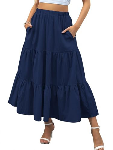 Zeagoo Rock Damen Elegant Maxirock Hohe Taille Langrock Casual A-Line Röcke Elastische Einfarbig Röcke mit Taschen Marineblau L