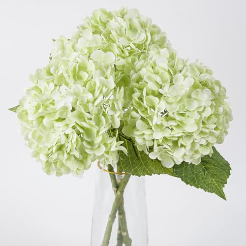 BonBloom's 3 Pcs Light Green Hydrangea Artificial Flowers 21 Latex Large Heads Faux Hydrangeas Flowers Realistic Leaves& Stem for Wedding Table Centerpieces Home Party Outdoor Arrangements Decor
