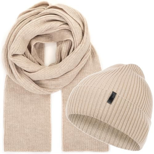 molti Damen Mütze & Schal Set – 100% Merinowolle Beanie mit 203 cm Strickschal, warm & atmungsaktiv für Herbst & Winter | Größen: 55–62 cm Farbauswahl (Beige, 55-60)