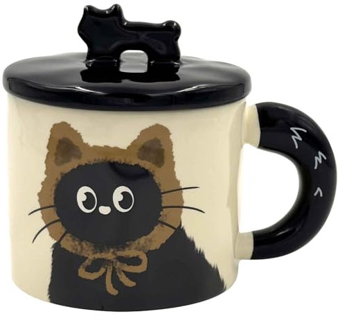 BIcoog Ceramic Mug Cover with Lid Ceramic Coffee Cup Tea Cup Office and Home Health Gift Black Cartoon Cat Pattern Nice 400 ml Brown