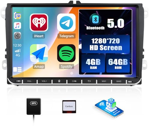 4+64G 9 inch Android Car Stereo for VW Polo Golf Caddy T5 Tiguan Skoda Seat Wireless Carplay Android Auto Radio with Sat Nav Bluetooth 5.0 1280 * 720 Touchscreen FM/RDS DSP EQ Mirror Link SWC