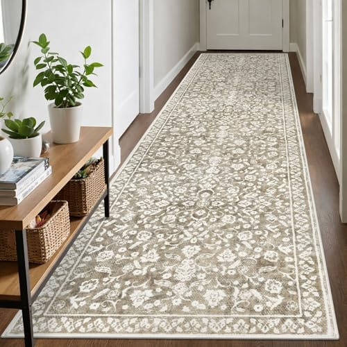 SILOLOOM Vintage Läufer Teppiche für Flur, 7,6 x 25,4 cm, Beige, waschbar, Langer Flur-Läufer, rutschfest, superweich, Küchenläufer, Druck, Kunstwolle, Blumenmuster, dünner Teppichläufer für