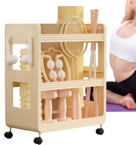 Yoga Storage Rack - Movable Workout Equipment Storage Rack | Gym Storage Rack With Hooks And Wheels | Gym Equipment Storage | Fitness & Exercise Organization For Yoga Mats, Dumbbells