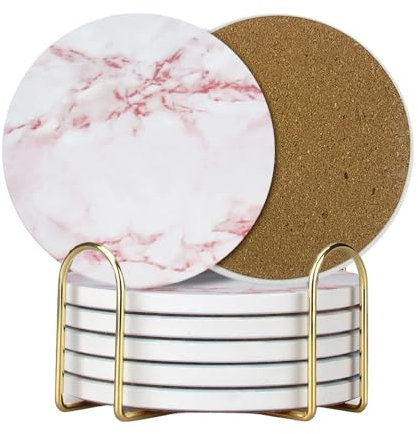 Lot de 6 dessous de verre en céramique - Design texturé en marbre avec support - Dessous en liège absorbant pour tasses, bar et table basse (marbre rose)