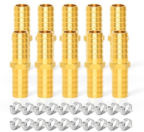 GASHER 10 Stück Messing Schlauch Barb Reducer, 10mm Zoll auf 10mm Zoll Barb Schlauch ID mit 20 Schlauchschelle, Messing Barb Reducer SPLICER Fitting Kraftstoff/Luft/Wasser/Öl/Gas/WOG