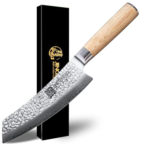 Jingseiho Couteau Santoku 18 cm, Noyau VG-10 HRC60-62 Acier Inoxydable Damas, Certifié SGS Forgé Premium Tranchant Ultra-Durable, Couteau de Cuisine Professionnel