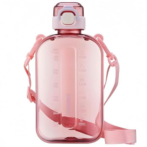 SEASEVEN Flat Water Bottle 750ML,Plastic Drinks Bottle,Sports Water Bottles with Time Markings,Girls Boys Waterbottle Leak-Proof & Bpa-Free for Gym,Cycling, Office, Outdoor(Flat Pink)