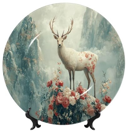 UYHhgqw Piatti decorativi con cervo bianco in montagna, piatti in porcellana Bone China con espositore e gancio, perfetti per feste, tavolo e da appendere alla parete