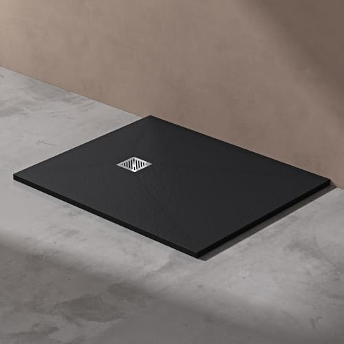 doporro Duschtasse 100x120x3cm aus Mineralguss in Anthrazit Rechteckig DIN-Anschlüsse für bodenebene Montage geeignet inkl. Ablaufgarnitur AL006 Geoma 09