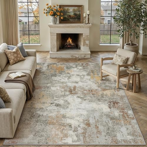 PureCozy Abstraktes Teppich Wohnzimmer 240x300 cm, Vintage Waschbarer Teppiche rutschfest Orange-Grau für Schlafzimmer Balkon LäUfer KüChe Esszimmer BüRo Flach, Indoor Modern Weicher Kurzflor Carpet