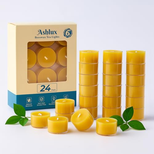Ashlux Bienenwachs Teelichter, Bienenwachskerzen, 24 Stück, Gelb, 6 Std. | rußfrei & geruchsneutral, reines Bienenwachs – ideal für Weihnachten, Hochzeit, Party, Zuhause & Geschenk