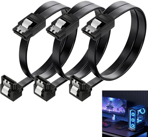 Zescyha 3 Pack 90 Degree Right Angle SATA III Cable, SATA 6Gbps Cable L Shape High Speed Data Transfer with Secure Latching Connectors Compatible with HDD SSD Optical Drives Motherboards PCs Desktops