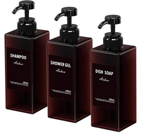 Anhow 3er Seifenspender Kunststoff, 650ml PETG Seifenspender mit 16pcs Kategorie Etiketten für Küche und Badezimmer Dusche/Küche/Badezimmer - Braun / 650ml