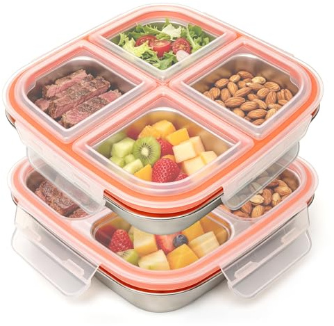2 PCS 600ml Snackbox mit Fächern Edelstahl,Brotdose für Kinder &Erwachsene
