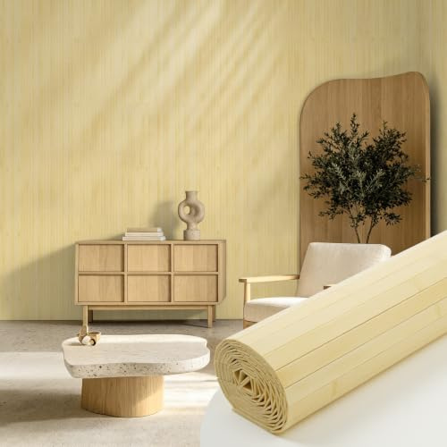 Vieshful Panneau Mural en Bambou Naturel (40 x 240cm), Revêtement Mural Flexible pour Décoration Intérieure, Tasseaux Bois pour Îlot de Cuisine, Salon & Relooking de Meubles DIY Naturel