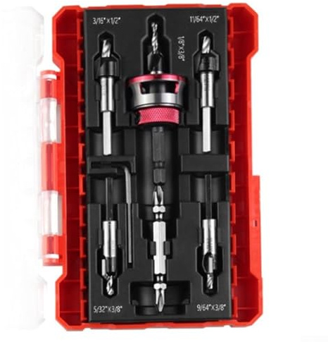 TCT Kegelsenker-Bohrer-Set, 5-teilig, mit Doppelschlitz-Design und verstellbarem Aluminium-Tiefenanschlag für Holz- und Blechgebrauch, Rot