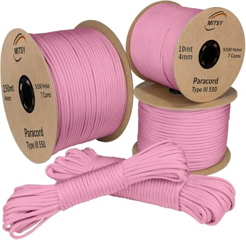 MITSY Paracord 550 Typ III Nylon Schnur 4 mm 10 Meter Hellrosa | Fallschirmschnur, 7 Kern Seil, Reißfest & Wetterfest, Allzweckseil für Camping, Outdoor & Survival, 10m, 25m, 50m, 100m, 250m