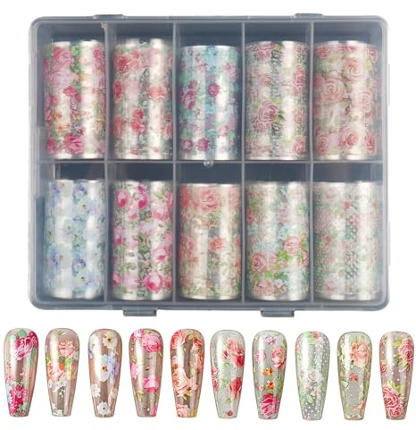BUOKSLLY 10 Rolls Flower Nail Foil Transfer Stickers,1m x 4cm | Spring Flowers Nail Foils, Nail Design Zubehör with Bright Colors, Exquisite Patterns for DIY Manicure