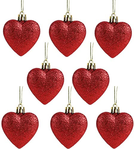 Christmas Concepts® Pack of 8-60mm (2.4) Heart Shaped Christmas Tree Baubles – Glitter Decorated Baubles (Red)