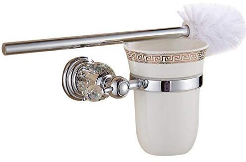 WOMAO Porta scopino in argento con tazza e spazzolino, moderno in lega di zinco con finitura cromata e costruzione in ceramica per WC a parete