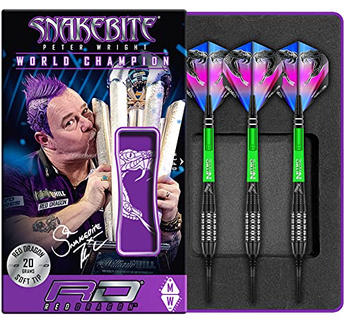 Peter Wright Snakebite Black Strike 18g Fassgewicht, 20g Gesamtgewicht Softip Tungsten Darts mit Flights und Schäfte