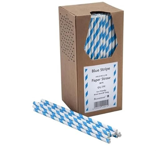 Beaumont Blue & White Stripped Paper Straw Bore 8Inch/6mm (250 Pack) - Compostable Drinking Straw 210mm Length, Ideal for Smoothies, Milkshake, Cocktails