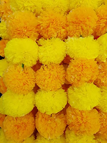 10 Pc Marigold Garland 4.5 Ft Long Strands of Artificial Marigold Flowers, Diwali Decorations Home, Indian Décor Pooja, Wedding, Spring Bush Floral, Faux Garland, Día de Muertos Décor (Mango+Yellow)