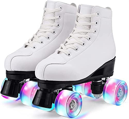 Damen Klassische Retro Rollschuhe,Rollschuhe mit Vier Rollen in Doppelreihe,Classic Roller, Rollschuhe für Kinder,LED Rollschuhe, ideal für Anfänger, komfortable Roller-Skates (40, Weiß)