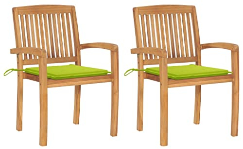 vidaXL 2X Teak Massiv Gartenstuhl mit Hellgrünen Kissen Stapelbar Essstuhl Holzstuhl Stapelstuhl Gartensessel Gartenmöbel Stuhl Sessel Gartenstühle