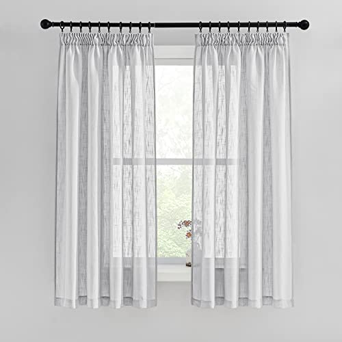 PONY DANCE Wohnzimmer Gardinen Kurz 2 Stücke Voile Gardinen mit Kräuselband Vorhang Dicker Stoff Gardine Hellgrau Halbtransparente Gardinen Leinenoptik, H 160 x B 140 cm