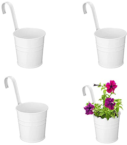 Sertay Hängender Blumentopf, 4 Stück Metall Blumentöpfe, Zaun Hängende Blumentöpfe, mit Haken, zum Aufhängen Außenbalkon Garten Landhaus Dekoration(Weiß)