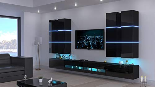 Furnitech Wohnwand Wohnzimmer | Wohnzimmer Möbel mit LED RGB - 16 Farben | Hängend Wohnwand Modern | Wohnzimmer Schrankwand mit Regale und TV Schrank (Jurat AN51-18HG-B1)