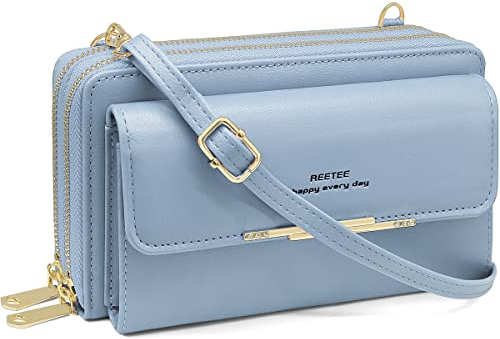 Handytasche Zum Umhängen Damen Handy Umhängetasche RFID Schutz Geldbörse PU Leder Handy Portemonnaie mit 24 Kartenfächer Handy Schultertasche Reißverschluss Crossbody kleine Handy Tasche (Blau)