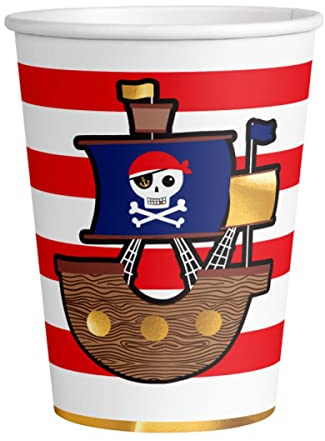 amscan 9909913-66 Lot de 8 gobelets jetables en Papier Motif Carte de Pirates 250 ML, Multicolore