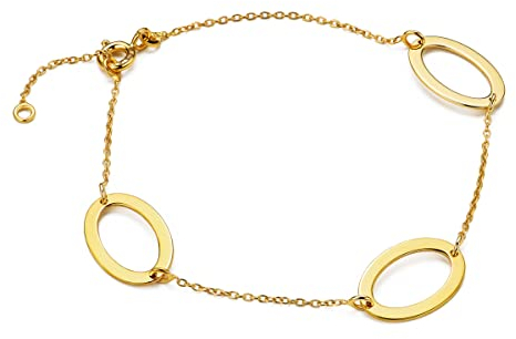 MIORE Schmuck für Damen Armband mit 3 große goldene ovalen klassische Anker ArmKette aus Gelbgold 9 Karat 375 Gold, Länge 16-18 cm verstellbar