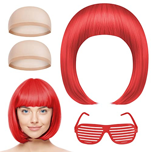 AOMIG Bob Perücke Damen, Kurze Perücke mit Pony, Synthetische Neon Perücke Frauen Bob Wig mit Neonbrille und haarnetz für Halloween Cosplay Party Karneval Fasching(Rot)