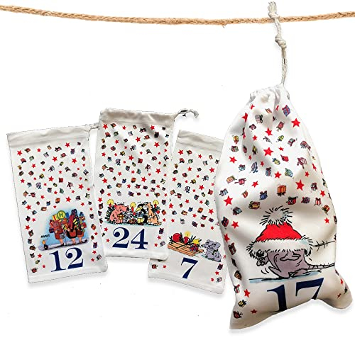 Uli Stein Adventskalender zum Befüllen, 24 Stoffbeutel, Weihnachtskalender Geschenksäckchen Selbst Befüllen, DIY Weihnachten