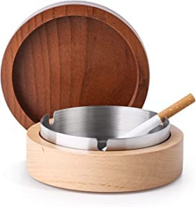 VViN Aschenbecher mit Deckel für Draussen, Aschenbecher Edelstahl + Hölzern Geruchsdicht für Haus Drinnen und Draußen (Groß)
