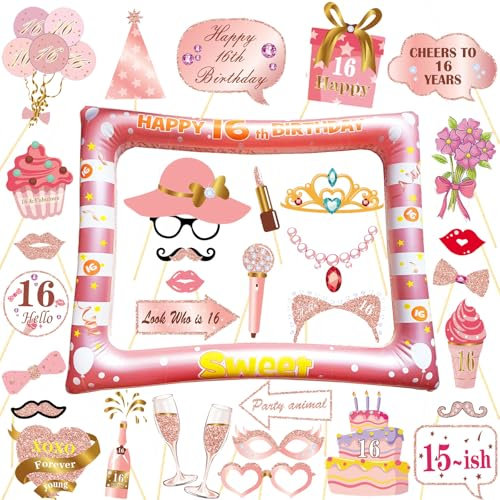 16th Birthday Photo Booth Props, LMSHOWOWO Rose Gold Inflatable Photo Booth Frame, Giant Inflatable Selfie Frame, 30PCS Birthday Party Photo Props, for Girls Birthday Party Decorations and Gifts