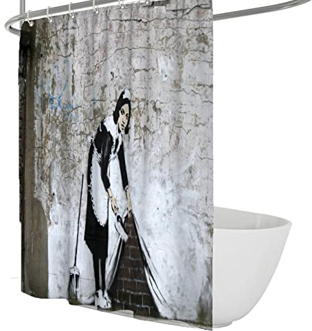 Wewoo Home Pop Art Dusche Vorhang Musik Banksy Dienstmädchen Kehren unter Teppich Graffiti Wasserdichtes Gewebe Polyester Haken für Badezimmer Dekor 180Wx200Lcm