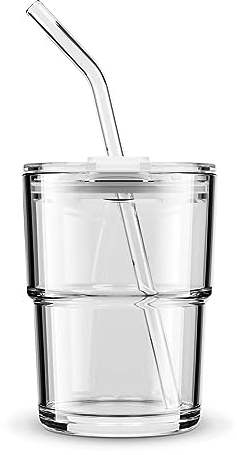 BLUEPOLAR Wasserglas, Becher mit Strohhalm und Deckel, versiegeltes Handgepäck für Kaffee, Eistee, dickwandige, isolierte Glasbecher (weiß)