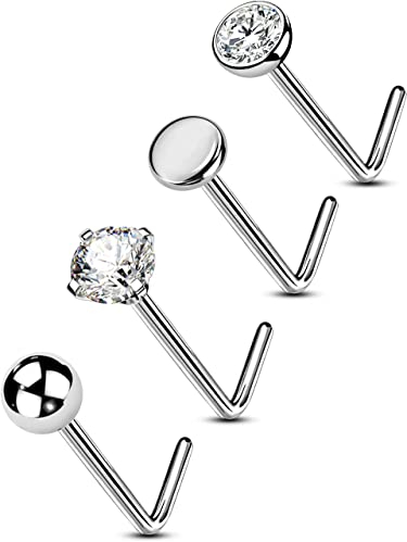 OUFER Body Piercing Solid Titanium Nose Piercing 20G Nose Stud Bone Pin Nostril Rings 4pcs L- Bend Nose Body Piercings Jewellery for Women Men