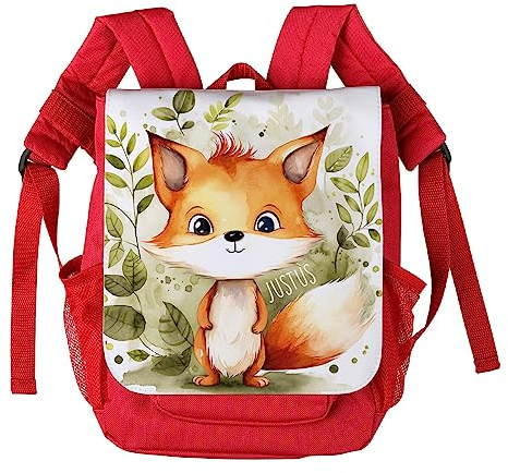 Striefchen® personalisierter Kinderrucksack mit niedlichen Tiermotiven in Aquacolor Optik Fuchs, Rot
