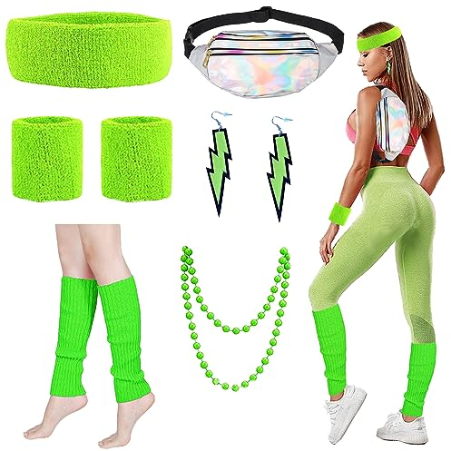 YOUYIKE 90er 80er Jahre Outfit Damen Grün Set, Gürteltasche, Neon Stirnband, Ohrring, Halskette, Handschuhe, 80er jahre accessoires Neon Thema Party 80er Jahre Karneval Kostüm Damen Frauen Mädchen