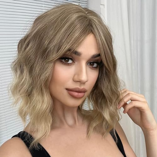 WOKESTAR Bob Lockige Perücke mit Fransen, Kurze Synthetische Gewellte Perücken für Frauen Ash Blonde Farbe